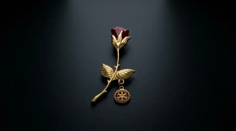 Rotary International Golden Rose Lapel Brooch with Dangling Emblem Charm